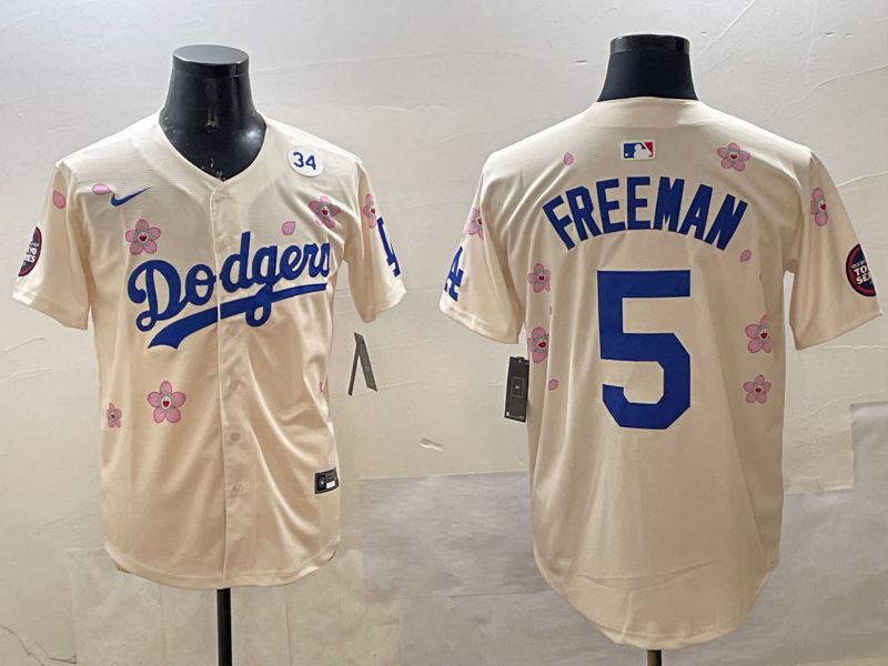 Men Los Angeles Dodgers 5 Freeman Cream Sakura Edition 2025 Nike MLB Jersey style 6